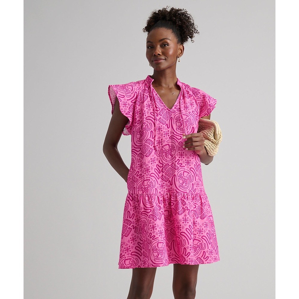 UNTUCKit Arya Dress Womens XS Pink Graphic Print Flutter Sleeve Tiered Mini